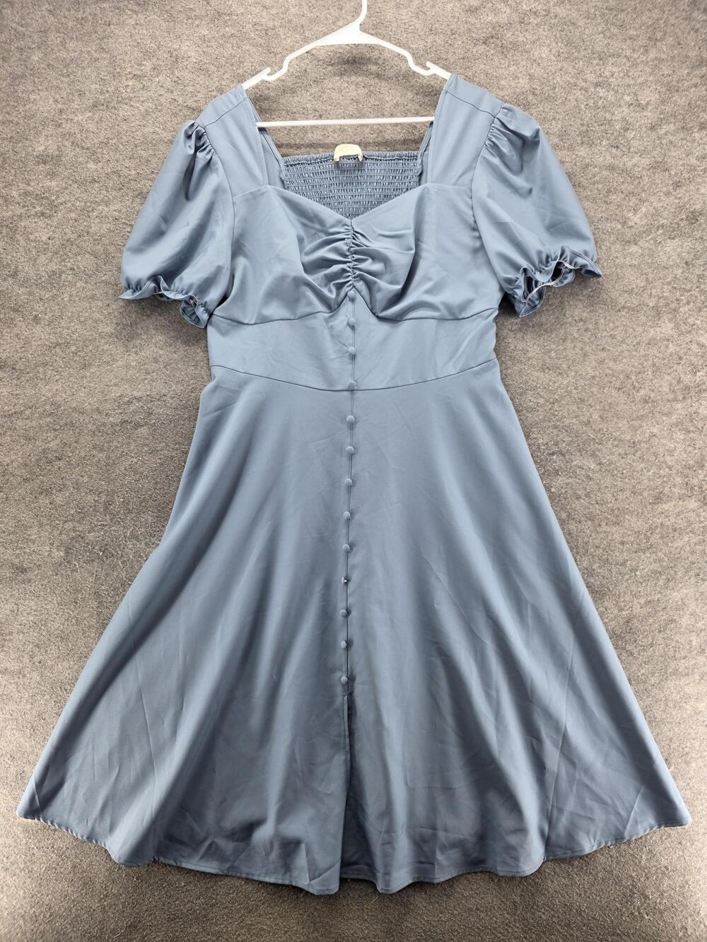 Belle Poque Dress Womens Medium Blue Puff Sleeve Ruched Button Front Fit Flare